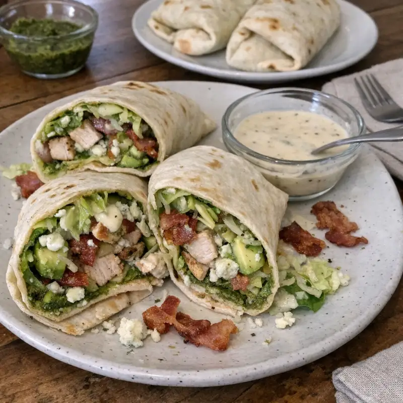 Pesto Chicken and Avocado Bacon Salad Wraps